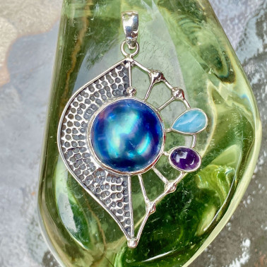 PD 14799 MIX-(HANDMADE 925 BALI STERLING SILVER PENDANTS WITH BLUE MABE PEARL)
